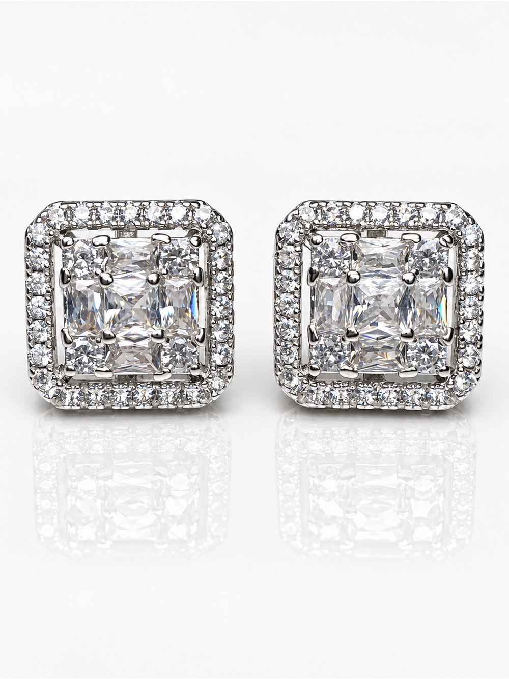 Baguette CZ Diamond Halo Stud Silver Filled Sparkly Earrings (Gift For Her)